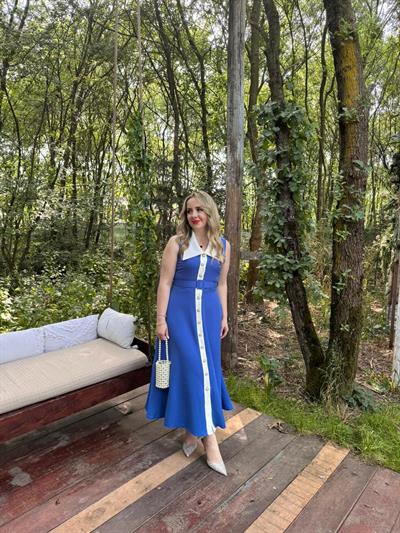 Mira İnci Düğmeli Tasarım Elbise Saks Mavi