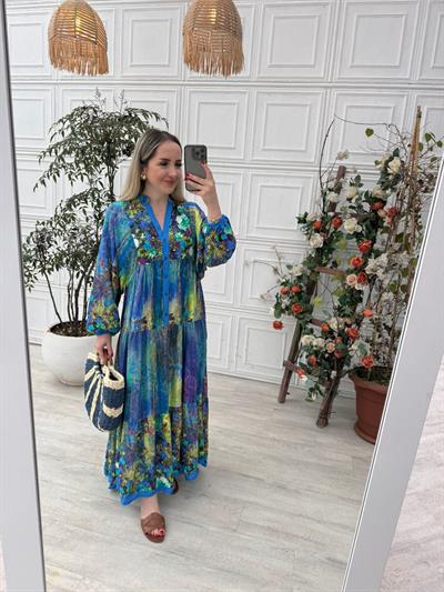 Miranda Mavi Çiçekli Balon Kol Elbise