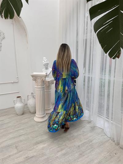 Miranda Mavi Çiçekli Balon Kol Elbise