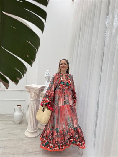 Miranda Pembe Çiçekli Balon Kol Elbise