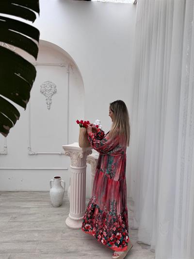 Miranda Pembe Çiçekli Balon Kol Elbise