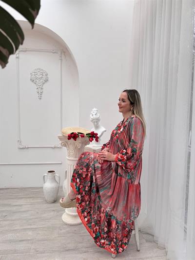 Miranda Pembe Çiçekli Balon Kol Elbise