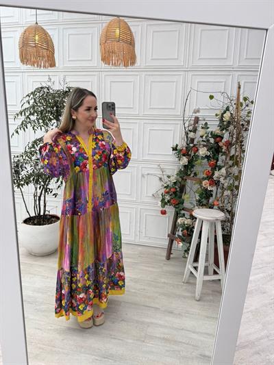 Miranda Sarı Lila Balon Kol Elbise
