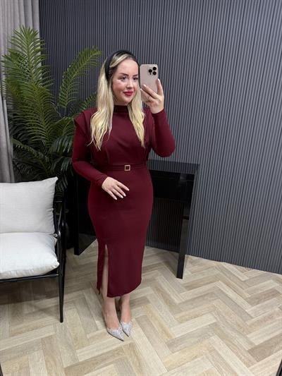 Miray Vatkalı Kuşaklı Elbise Bordo
