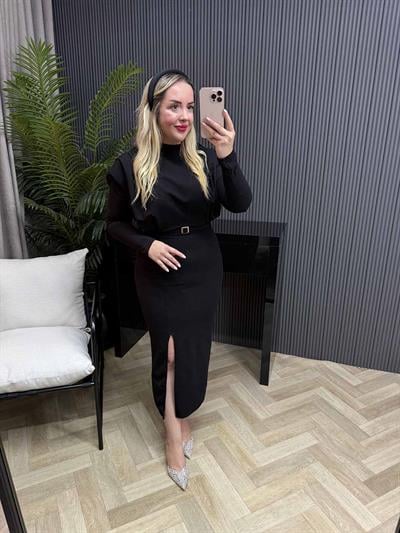 Miray Vatkalı Kuşaklı Elbise Siyah