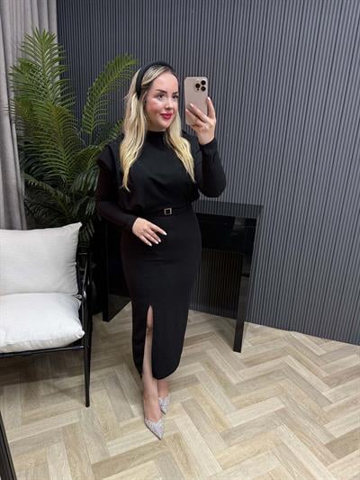 Miray Vatkalı Kuşaklı Elbise Siyah