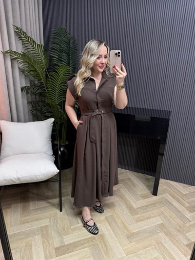 Miyase Beli Lastıkli Tensel Elbise Kahverengi