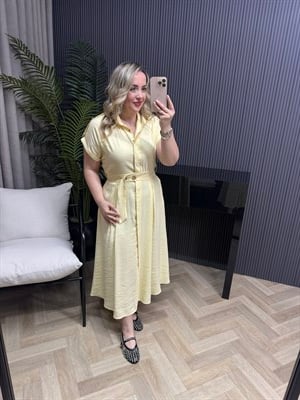 Miyase Beli Lastıkli Tensel Elbise Sarı 
