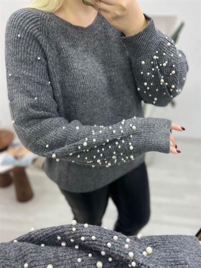 Orj Marka İncili Gri Triko Kazak