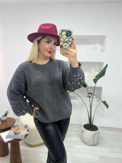 Orj Marka İncili Gri Triko Kazak