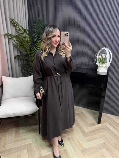 Modal Kumaş Hasır Kemerli Gömlek Elbise Acı Kahve