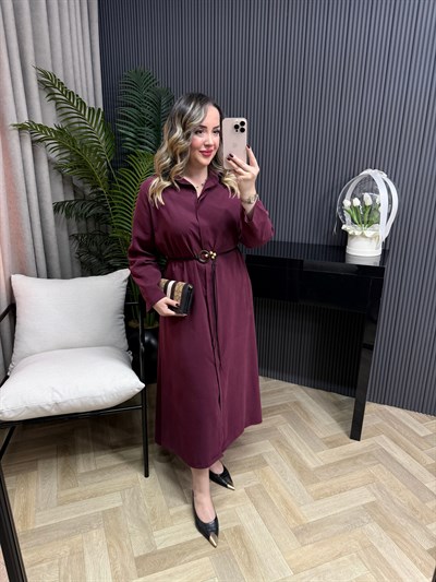 Modal Kumaş Hasır Kemerli Gömlek Elbise Bordo