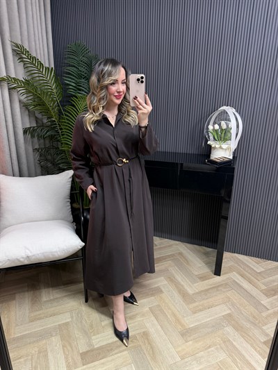 Modal Kumaş Hasır Kemerli Gömlek Elbise Acı Kahve