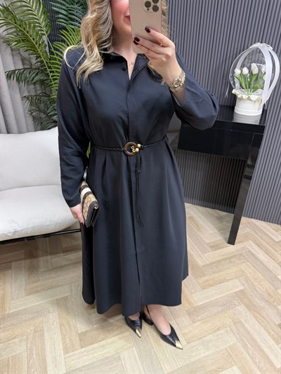 Modal Kumaş Hasır Kemerli Gömlek Elbise Siyah