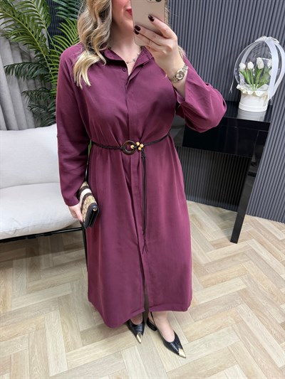 Modal Kumaş Hasır Kemerli Gömlek Elbise Bordo