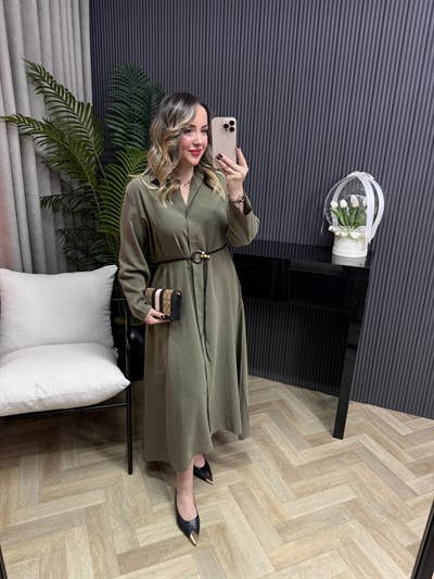 Modal Kumaş Hasır Kemerli Gömlek Elbise Mint