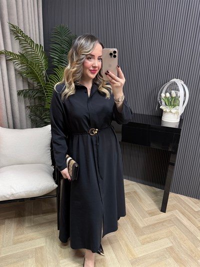 Modal Kumaş Hasır Kemerli Gömlek Elbise Siyah