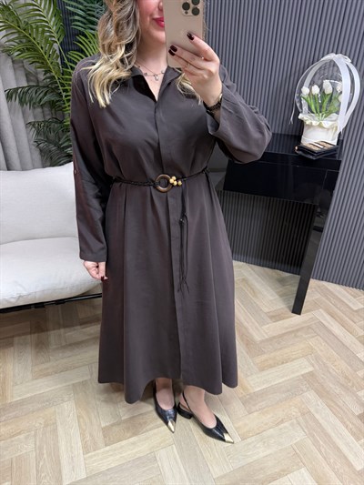 Modal Kumaş Hasır Kemerli Gömlek Elbise Acı Kahve