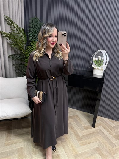 Modal Kumaş Hasır Kemerli Gömlek Elbise Acı Kahve