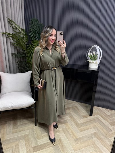 Modal Kumaş Hasır Kemerli Gömlek Elbise Mint