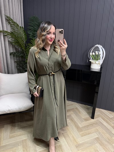 Modal Kumaş Hasır Kemerli Gömlek Elbise Mint