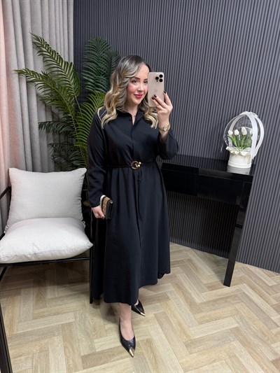 Modal Kumaş Hasır Kemerli Gömlek Elbise Siyah