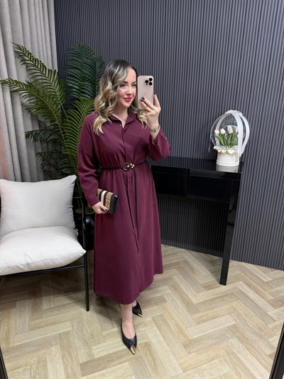 Modal Kumaş Hasır Kemerli Gömlek Elbise Bordo