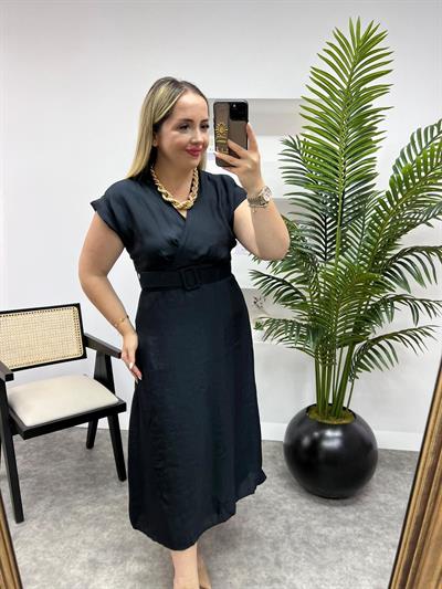 Modal Kumaş Kemerli Elbise Siyah