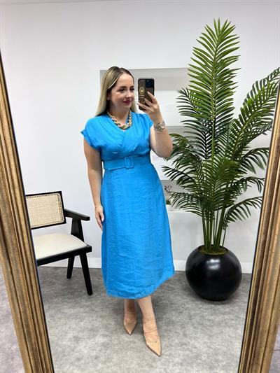 Modal Kumaş Kemerli Elbise Turkuaz Mavi