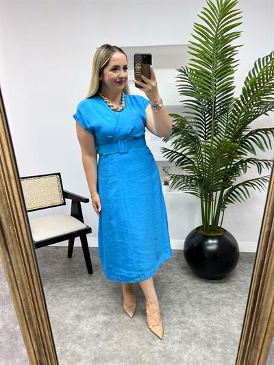 Modal Kumaş Kemerli Elbise Turkuaz Mavi