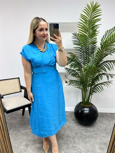 Modal Kumaş Kemerli Elbise Turkuaz Mavi