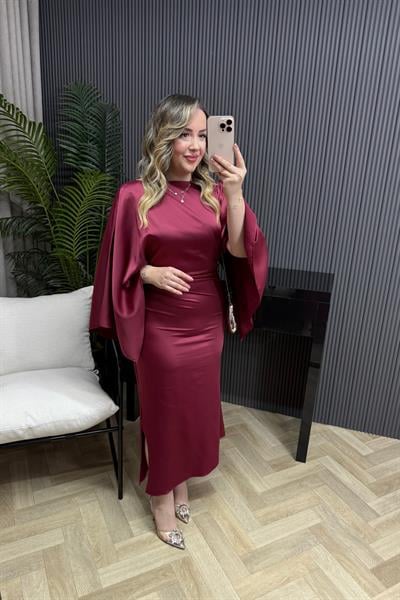 Mona Yarasa Kol Drapeli Özel Tasarım Saten Elbise Bordo