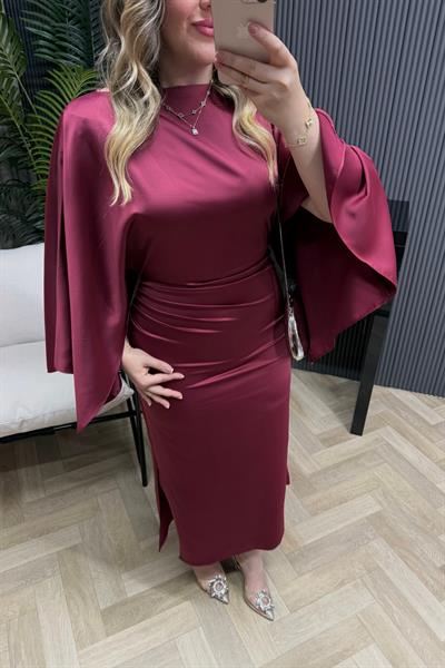 Mona Yarasa Kol Drapeli Özel Tasarım Saten Elbise Bordo