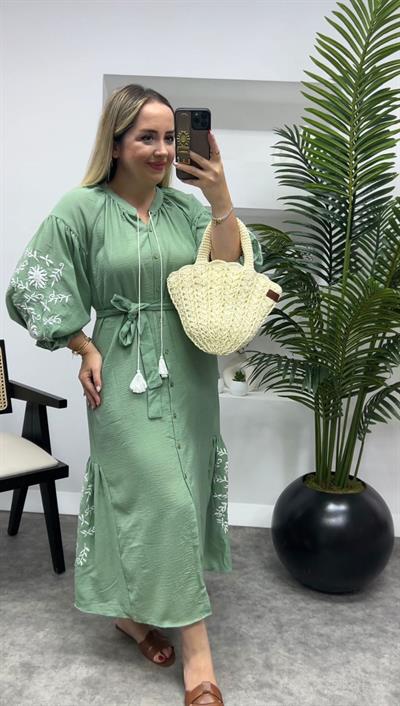 Nakiş İşleme Detaylı Tasarım Elbise Mint Yeşil