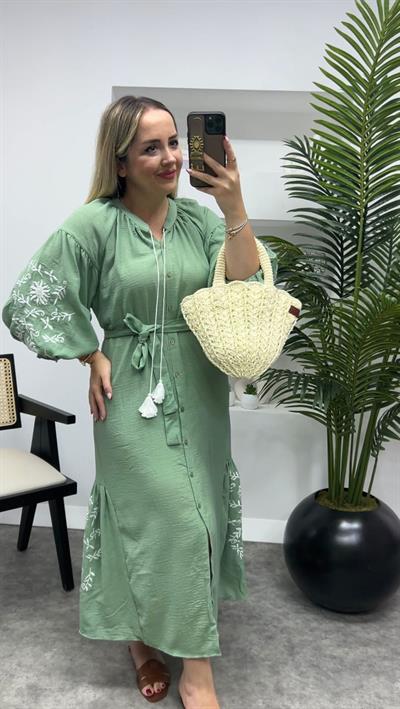 Nakiş İşleme Detaylı Tasarım Elbise Mint Yeşil