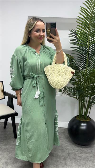 Nakiş İşleme Detaylı Tasarım Elbise Mint Yeşil