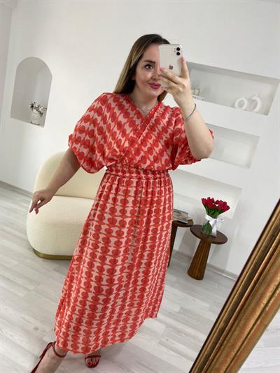 Nar Çiçeği Kruvaze Beli Latikli Elbise