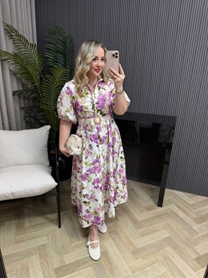 Nergis Balon Kol  Kemerli Çiçekli Poplin Elbise Lila 