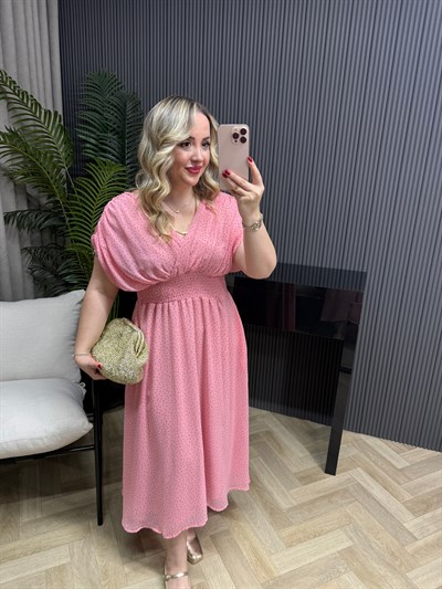 Nil Orj Marka Beli Lastikli Şifon Elbise Şeker Pembe Puantiye