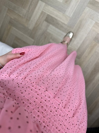 Nil Orj Marka Beli Lastikli Şifon Elbise Şeker Pembe Puantiye