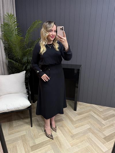 Noren Gold Detaylı Kuşaklı Tasarım Elbise Siyah