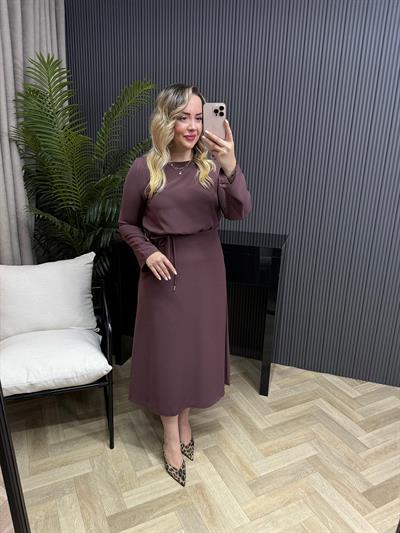 Noren Gold Detaylı Kuşaklı Tasarım Elbise Açık Mürdüm