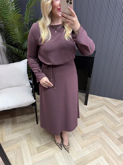 Noren Gold Detaylı Kuşaklı Tasarım Elbise Açık Mürdüm