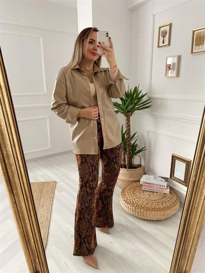 Nude Renk Deri Gömlek / Ceket