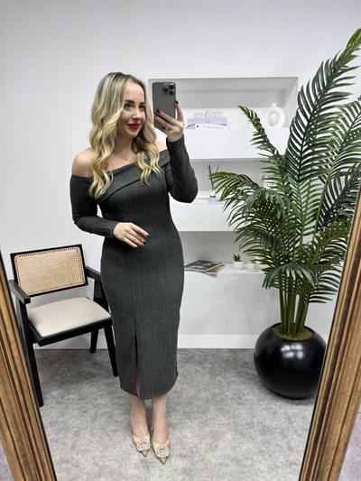 Omuz Dekolteli Bürümcük Kumaş Elbise Antrasit