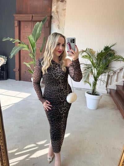 Omuz Dekolteli Drapeli Leopar Tül Elbise