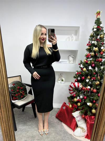 Omuz Dekolteli Kemerli Triko Elbise Siyah