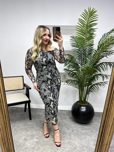 Omuz Dekolteli Siyah Leopar Desenli Drapeli Tül Elbise