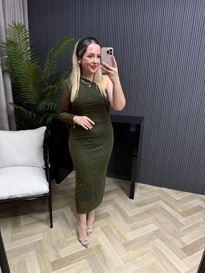 Omuz Detaylı Taşlı Haki Tül Elbise