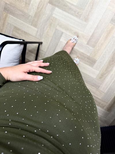 Omuz Detaylı Taşlı Haki Tül Elbise